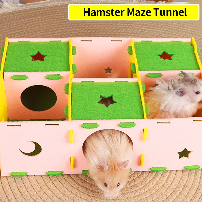 Hamster Maze Hideout, Multi-Chamber Hamster House, 360° Secure Sleep Tunnel Play Toy, No Glue Mortise and Tenon DIY Assembly Ham