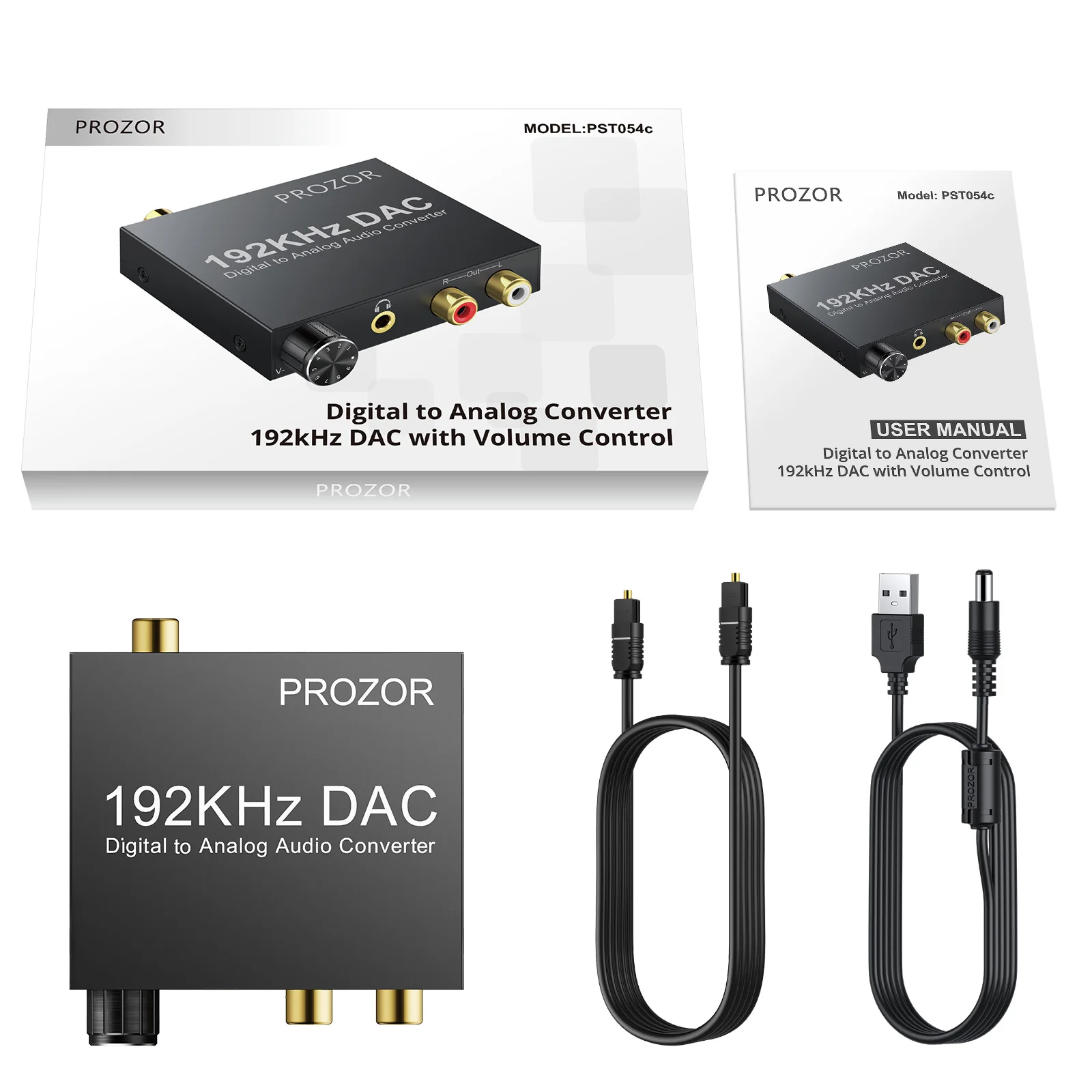 PROZOR Digital to Analog Converter 192kHz DAC Volume Control Digital Coaxial SPDIF Toslink to Analog Stereo RCA 3.5mm Jack Audio