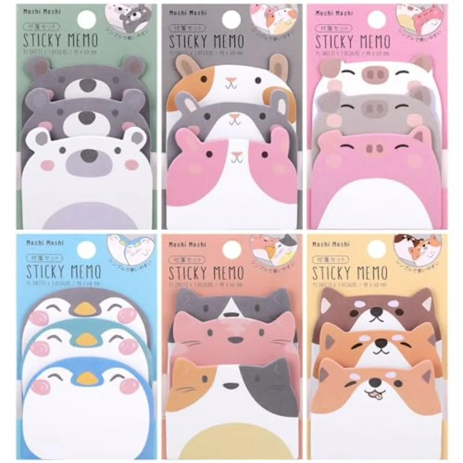 Simpatiche foglietti adesivi Confezione da 6 270 fogli Note adesive per animali dei cartoni animati Kawaii con mini forme di animali per uso scolastico, casa e ufficio S