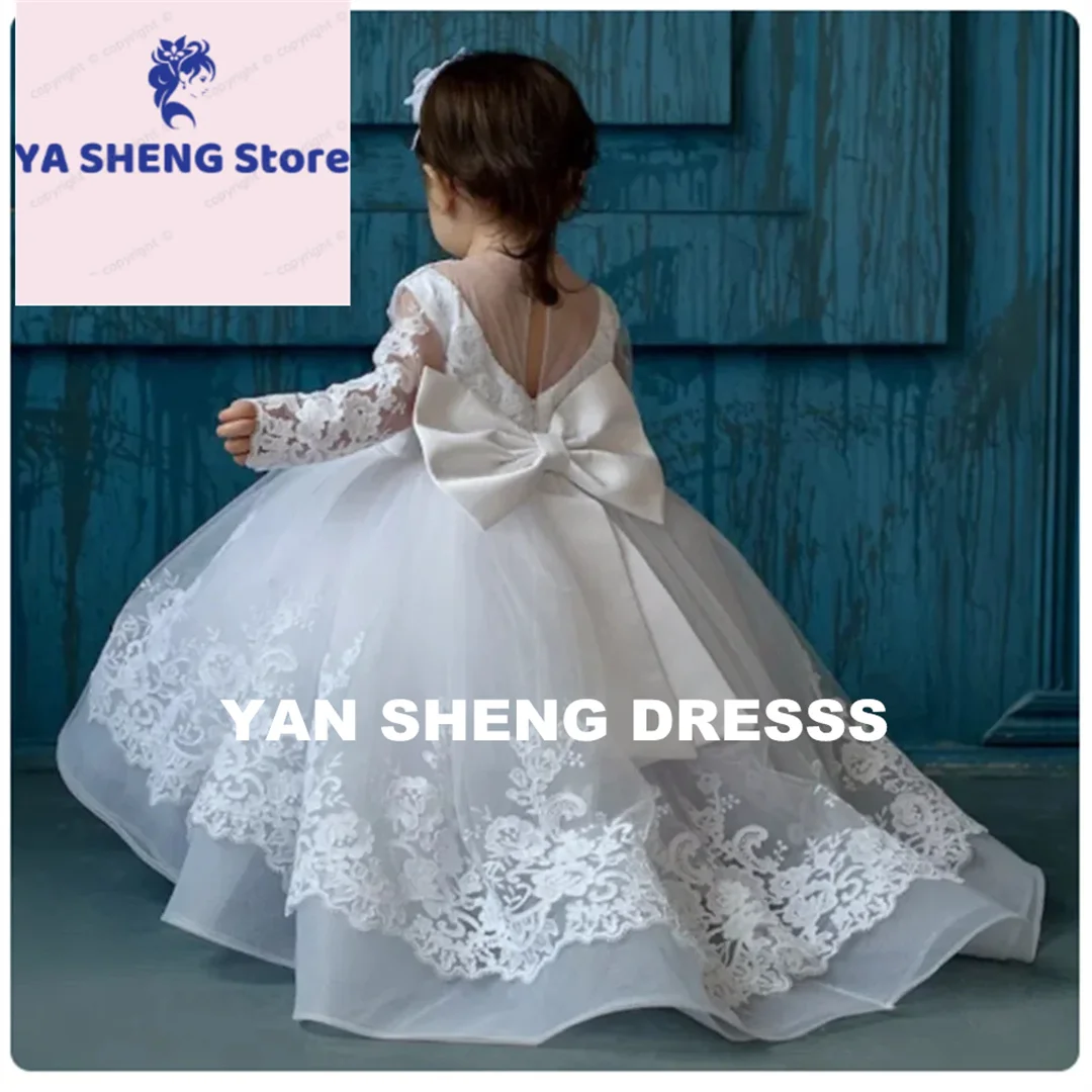

Customized Lace Flower Girl Dresses Tulle Full Sleeve Puffy For Weddings Kids Birthday Party Pageant First Communion Ball Gowns