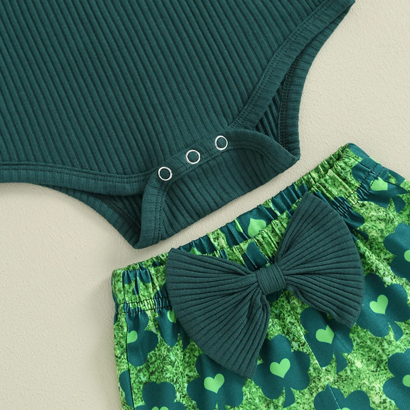 Stylish Baby Girls St Patrick s Day 3-Piece Set Long Sleeve Ribbed Romper Flare Pants and Headband - Adorable Infant Outfit