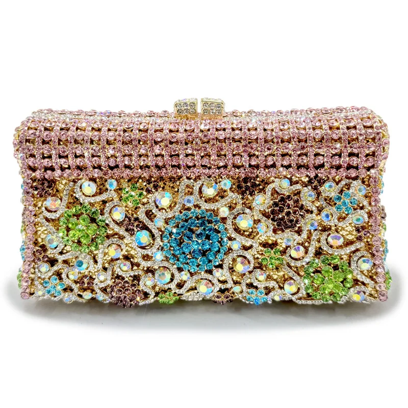 

Hollow Out Flower Women Evening Clutch Purse Crystal Dinner Bag Vintage Handbags Luxury Designer Clutch Metal Chain Dress Bag