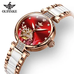 OUPINKE Mechanical Watch For Women Luxury Top Brand Stainless Steel Ceramic Strap Rose Gold Diamond Ladies Watches reloj mujer