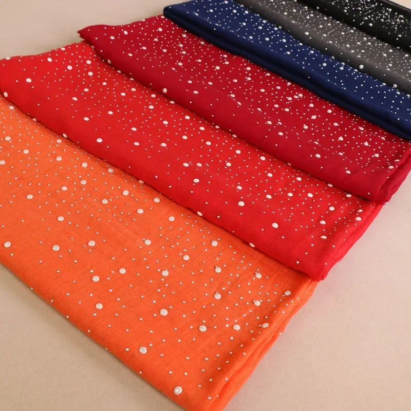 Diamonds Scarf Beads  Linen Scarves Muslim Hijab Women Pearls Headscarf Islamic Turban Head Wrap Shawl Fashion 180*70cm