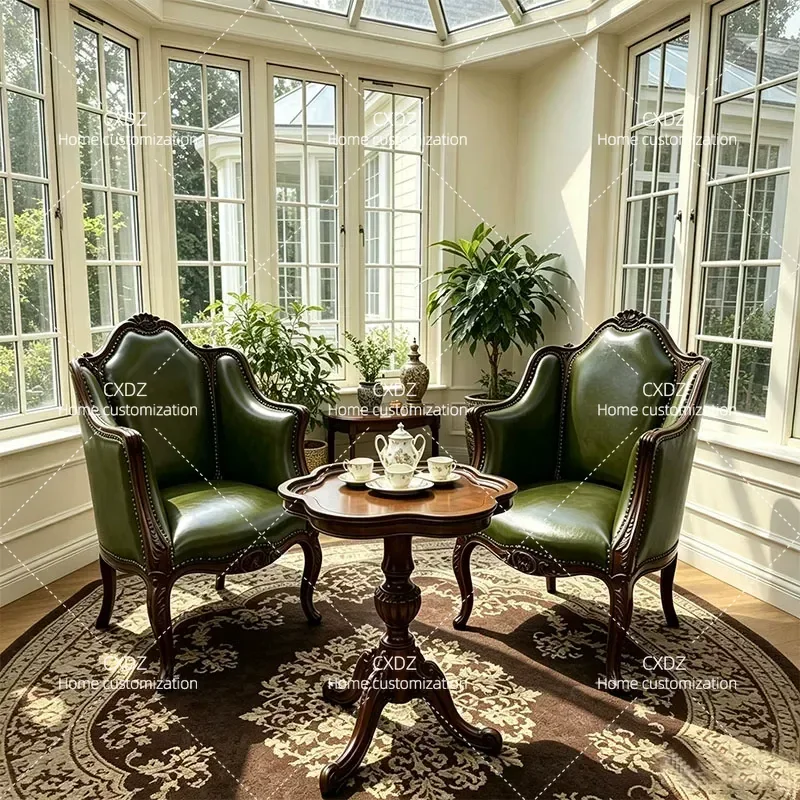 Solid Wood Leather Sofa Chair Living Room Office Single Seat Green Tiger Pattern Leisure Armchair