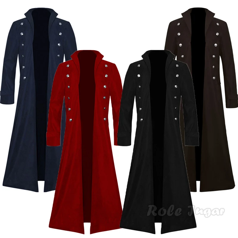 

Medieval Renaissance Men Long Coat Trench Cosplay Costume Retro Court Nobles Clothes Black Red Brown Halloween Punk Jacket S-5XL