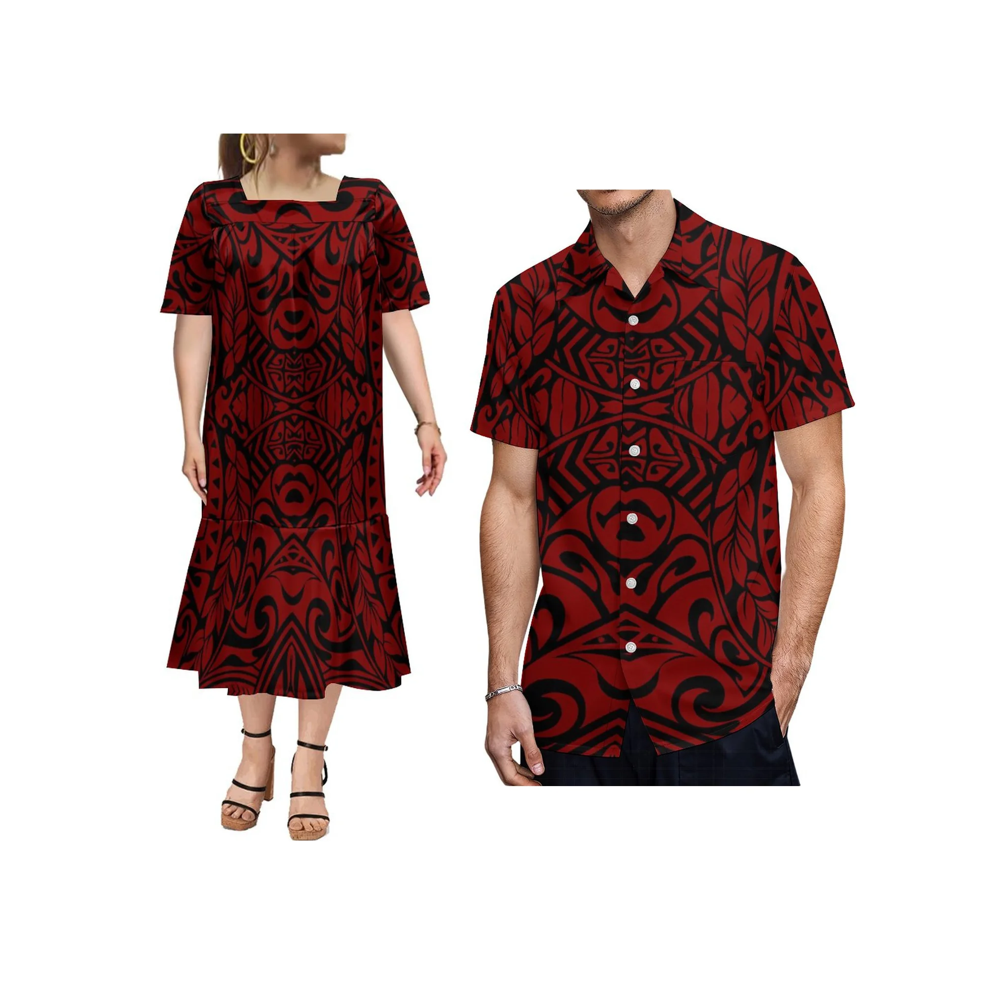 1 MOQ Custom Logo Polynesian Island Design Micronesian Mumu Dress And Ladies Mermaid Dress Sets Of Couples 2Pcs