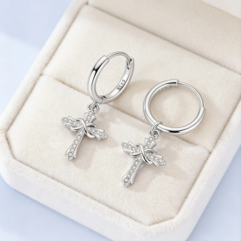 925 Sterling Silver Pendant Earring Plain Color Religious Faith Cross Symmetrical Drop Earring Woman Jewelry