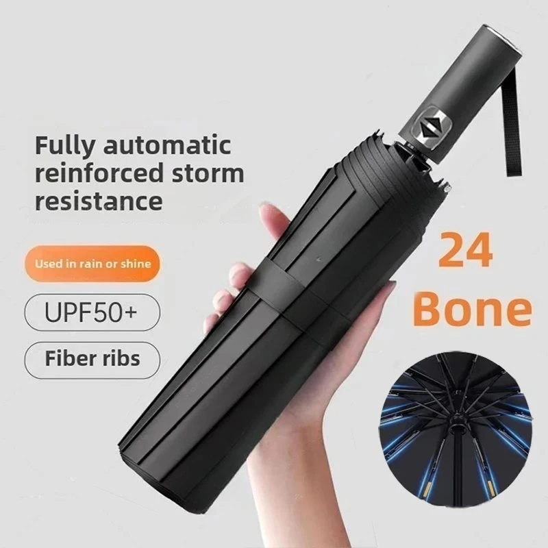 Automatic Umbrella 24 Bone Solid Color Automatic Umbrella Light Collapsible Large Size Outdoor Sunshade UV Protection