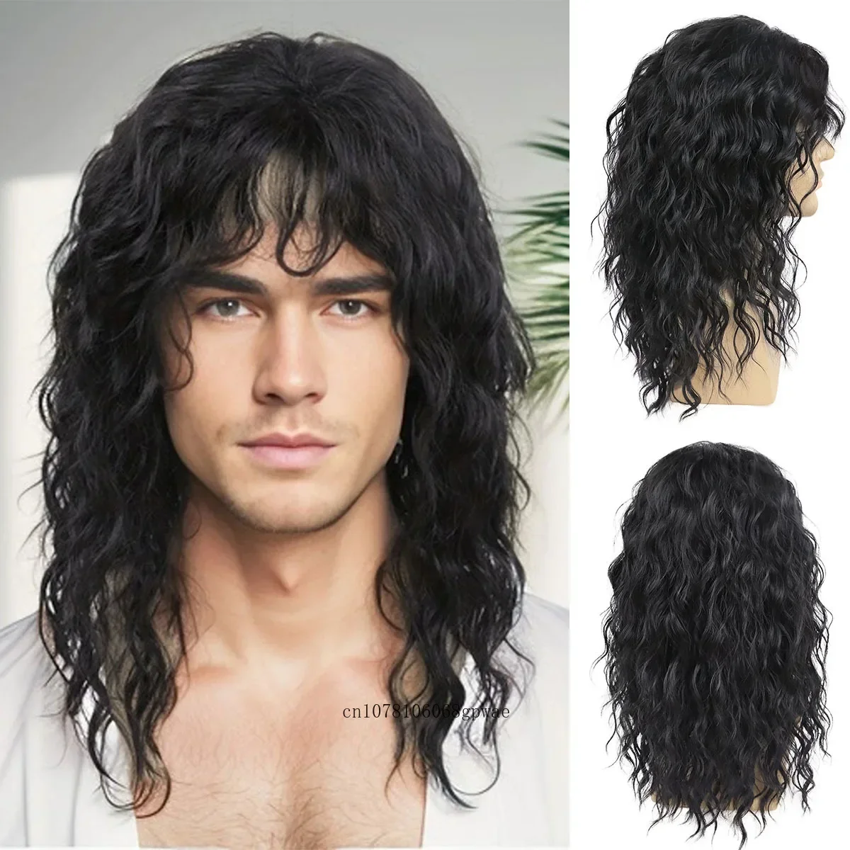 Men's Black Wigs Synthetic Hair Long Wavy Curly Wigs for Boys Fluffy Middle Part Disco Wig Halloween Daily Costume Party Use