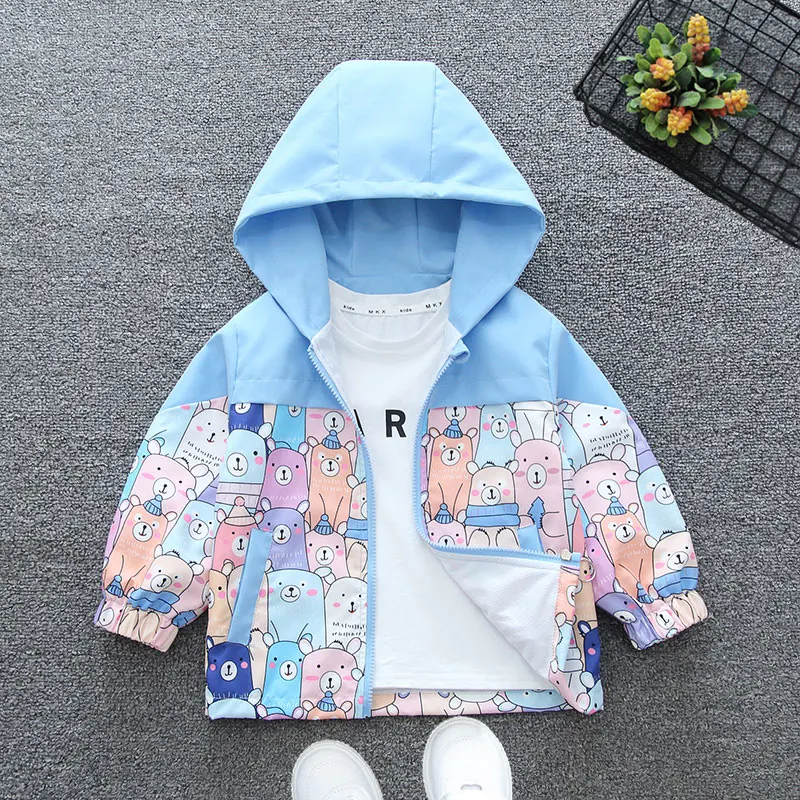 2024 Spring and Autumn Boys and Children\'s Leisure Print Little Bear Pocket Hooded Zipper Coat Children\'s Clothing 6M-6Y