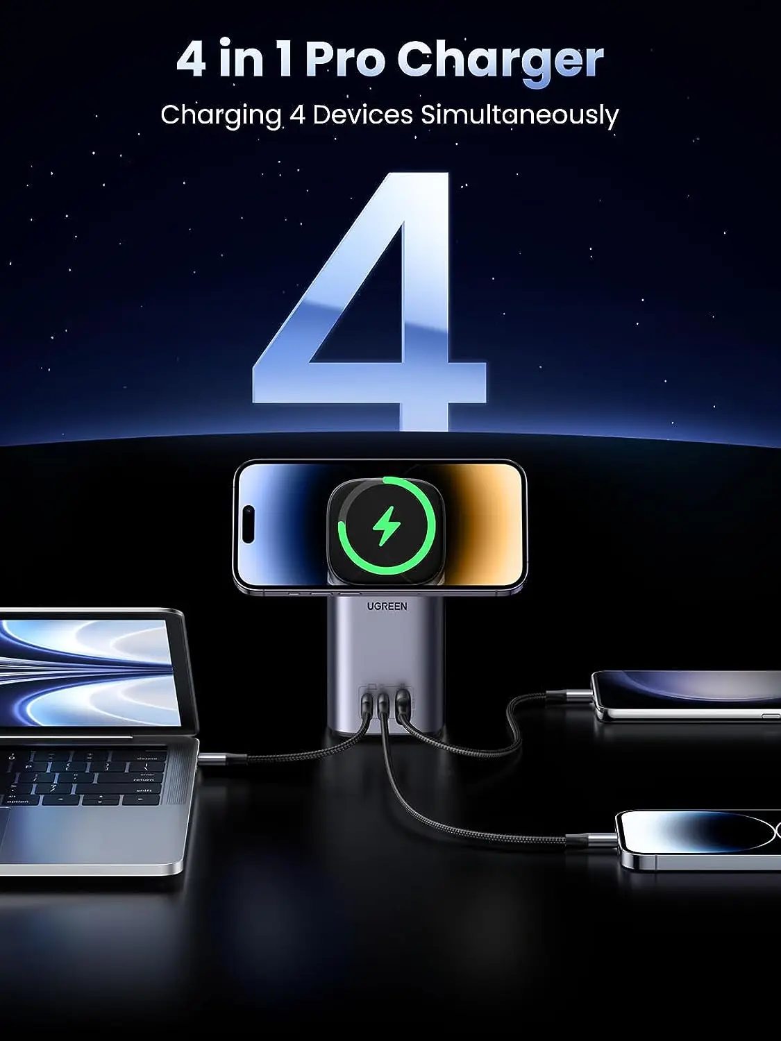 Soporte de cargador UGREEN Nexode 100W USB C cargador 4 en 1 con estación de carga rápida inalámbrica de 15W para iPhone