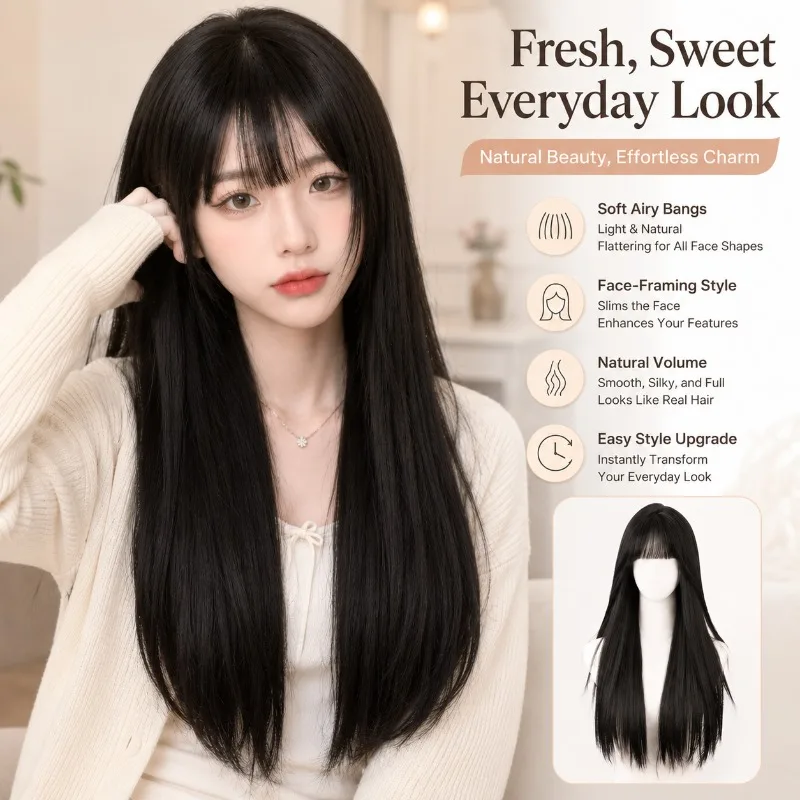 

Long Straight Black Wig with Air Bangs Natural S-Shape Parting Synthetic Hair Wig Breathable Cap for Daily Cosplay Party Use Set