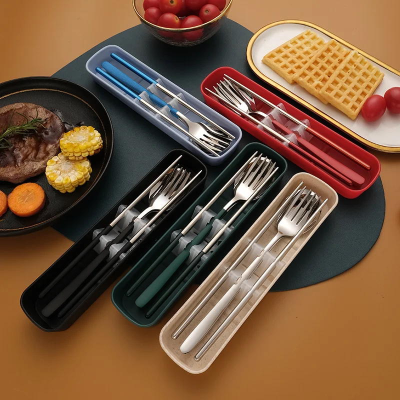 Portable Stainless Steel Spoon, Fork, and Chopsticks Set with Carry Case, Suitable for Travel, School, Work, Camping, Picnics