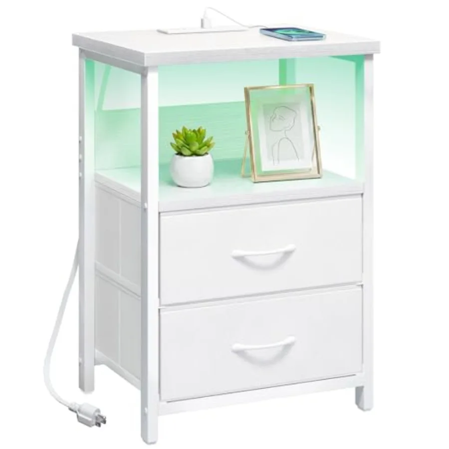 

Прикроватная тумбочка для женской спальни с LED-подсветкой, зарядной станцией и 2 тканевыми ящиками для хранения