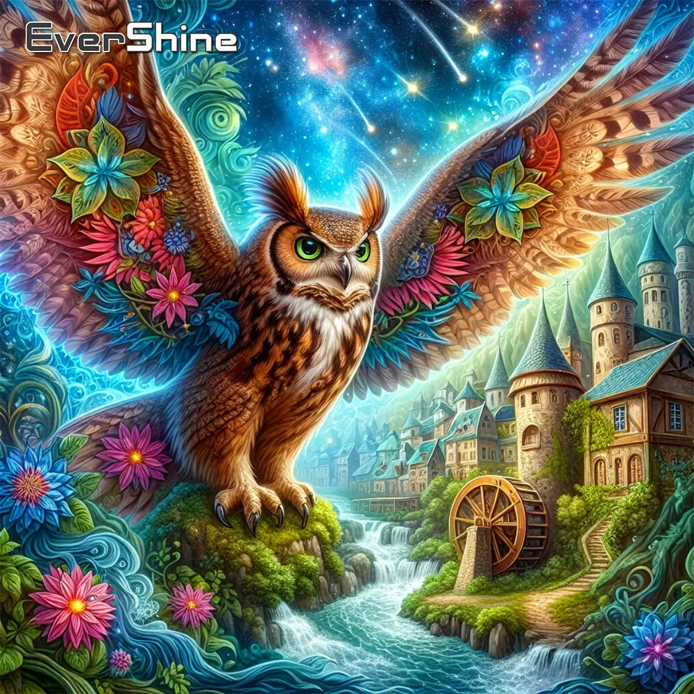 EverShine 5D-Diamant-Stickerei, Eule, vollständiges Bohrbild, Tier-Strass-Bild, Diamant-Mosaik, Schloss, geeignet für Anfänger