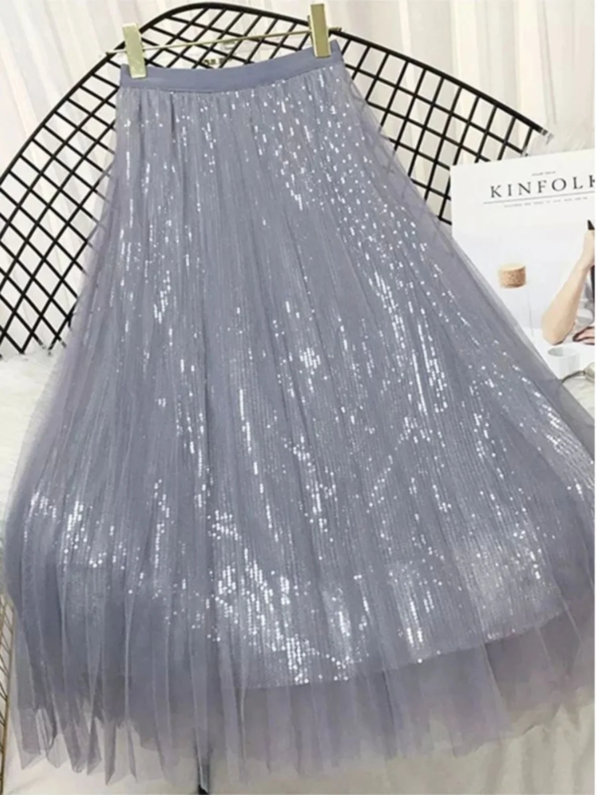 Falda larga de malla con lentejuelas de doble capa y cintura alta, estilo urbano, línea A, tela de poliéster, falda brillante...