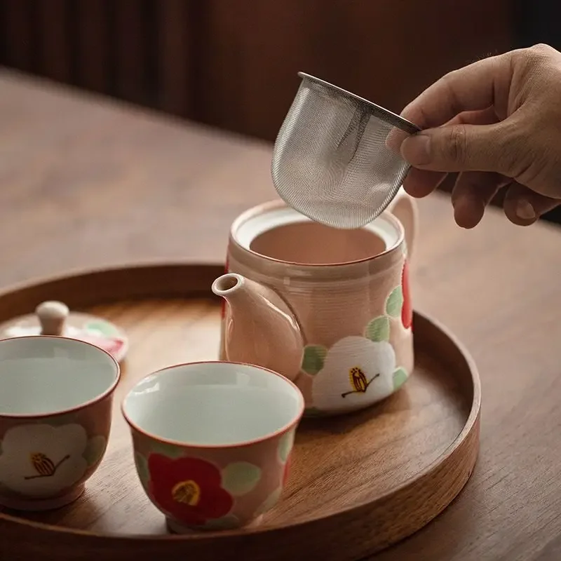 Burnt ceramic powder glaze camellia, small fresh hand-painted, gift box household tea set, set gift
