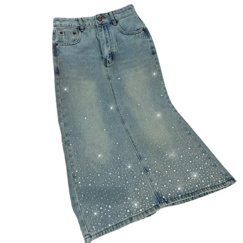 Rhinestone Half-length Denim Skirt Women\'s 2024 New Summer Slim Skirt Rear Split Jeans Hip Skirt Mid-length Vintage Skirt Female