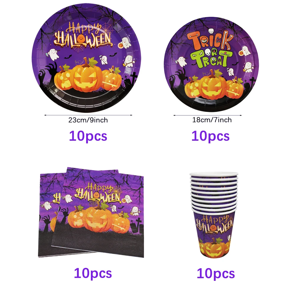 Halloween Pumpkin Disposable Tableware Bat Skeleton Castle Paper Plates Cups Napkins for Halloween Horror Party Decor Supplies