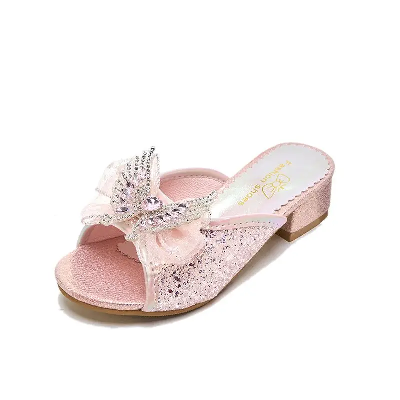 Girls Summer High Heel Sandals Outdoor Fashion Princess Butterfly Crystal Decorated Versatile Korean Style