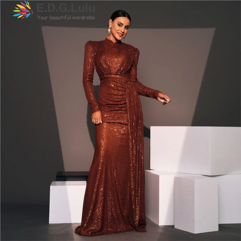 

EDGLuLu Stand Collar Long Sleeved Long Dresses For Women Elegant Party Dress High Waisted Folds Brown Sequin Evening Gown 0618