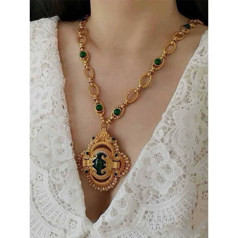 

European and American Vintage Byzantine Court Style Glass Heavy Carved Long Necklace