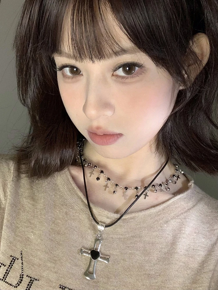 

Gothic Sle Bla Cross Nelace Layering Y2K Punk Subculture High-End Feel Lobone Chain Alloy Material Women's Jewelry