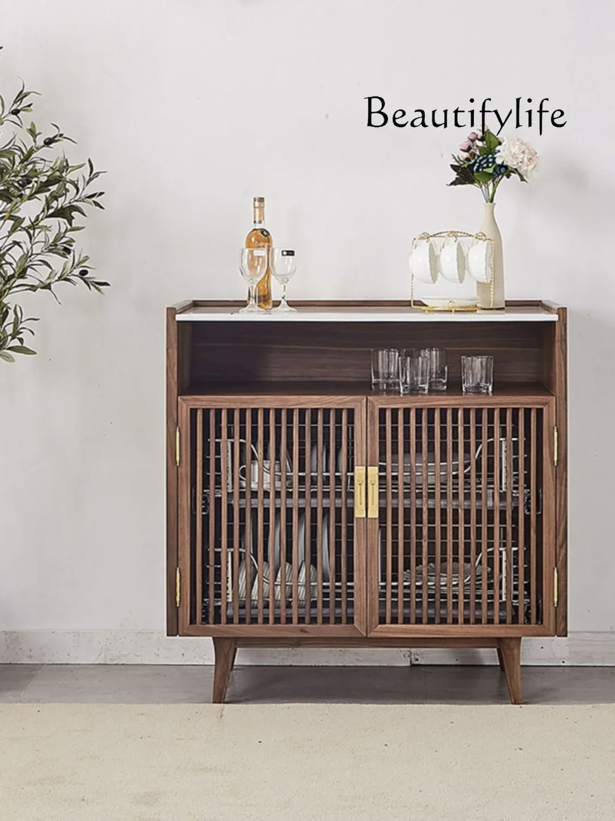 

N Italian Minimalist Black Walnut Solid Wood Sideboard Cabinet Home Kitchen Marble Top Locker