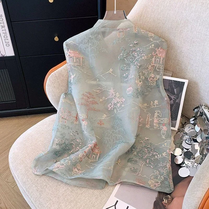 

Summer Thin Embroidered Tops Cardigan Vests Chinese Style Outfit Woman Clothes Harajuku Tang Costume Blusas Fashion Women Vest