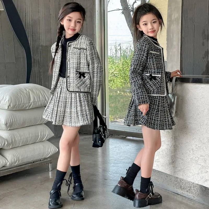 

2025 Korean Autumn Kids Girls Outfit Junior Girls Bowknot Single-breasted Coat Children Girls Plaid Skirt Teenager Girl 2pcs Set