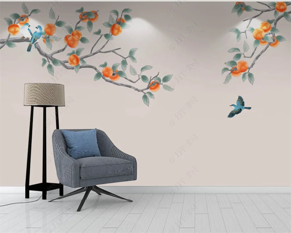Beibehang Aangepaste Moderne Nieuwe Chinese Stijl Handgeschilderde Persimmon Nauwgezette Bloem En Vogel Tv Achtergrond Behang