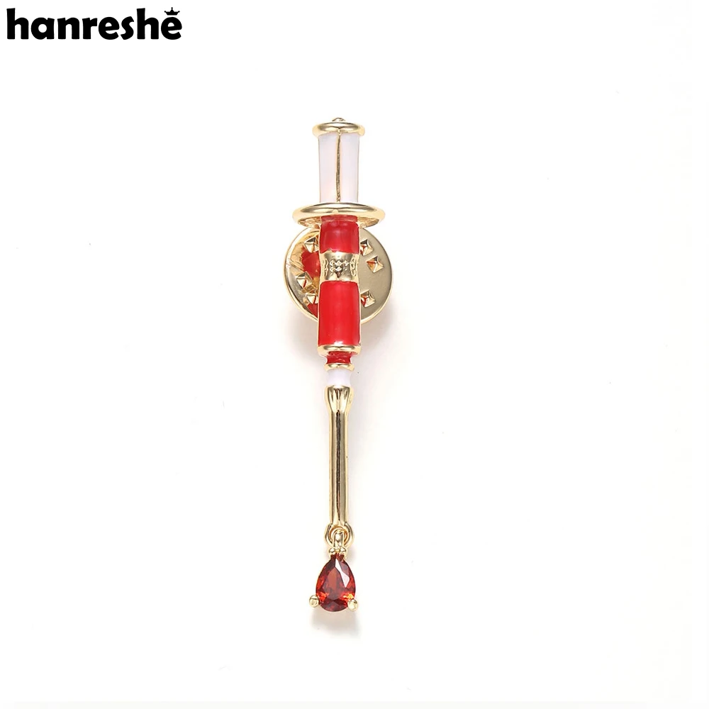 Hanreshe Medical Syringe Enamel Lapel Brooch Pin Red Crystal Charm Dangle Medicine Badge Jewelry for Doctor Nurse