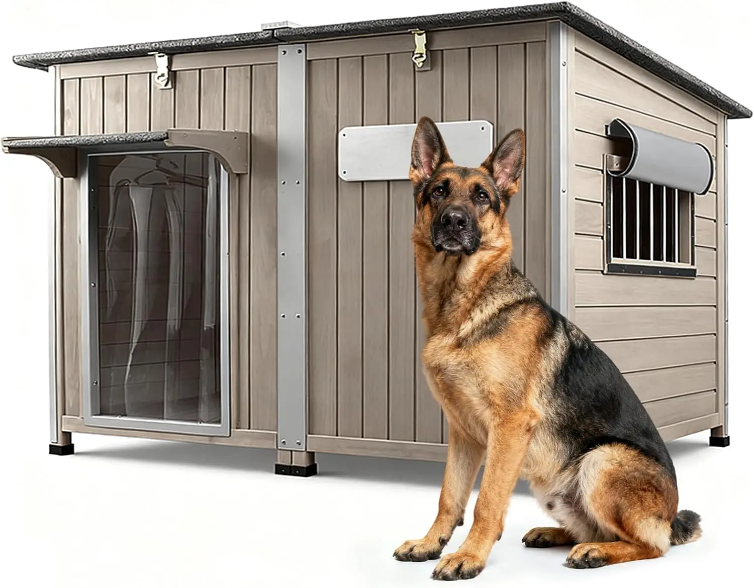 

55"L Dog House Outdoor Large Breed Extra XL Wooden Dog House with Weatherproof Asphalt Roof, All-Around Iron Frame, Removable