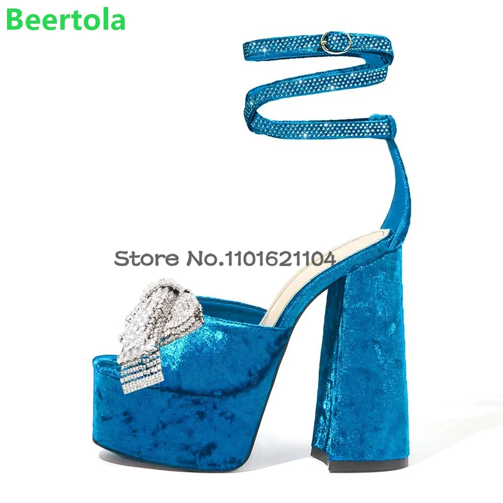 Blue Suede Fabric Platform Sandals For Female Women 2024 New Square Heel Ankle Buckle Strap Elegant Fashion Summer Solid Shoes