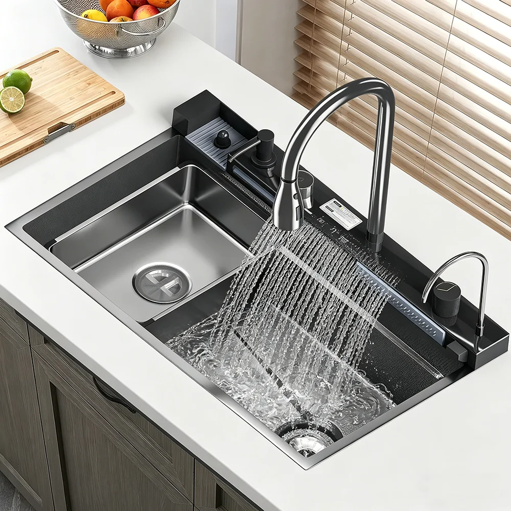 Fregadero de Cocina de Acero Inoxidable 304 con Cascada, Fregadero Grande de un Solo Tazón, Grifo Integrado con Pantalla Digital, Dispensador de Jabón y Lavavasos
