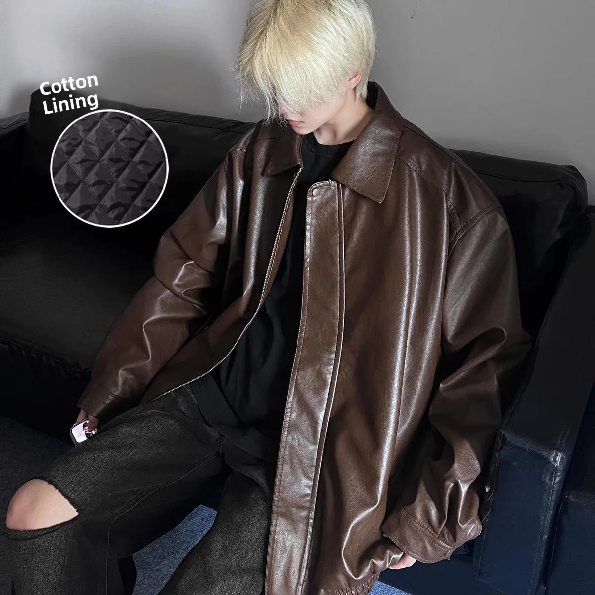 

American Retro Motorcycle PU Leather Jaet Thiened Cotton Inner Collar Stand up Casual Sle for Men And Women