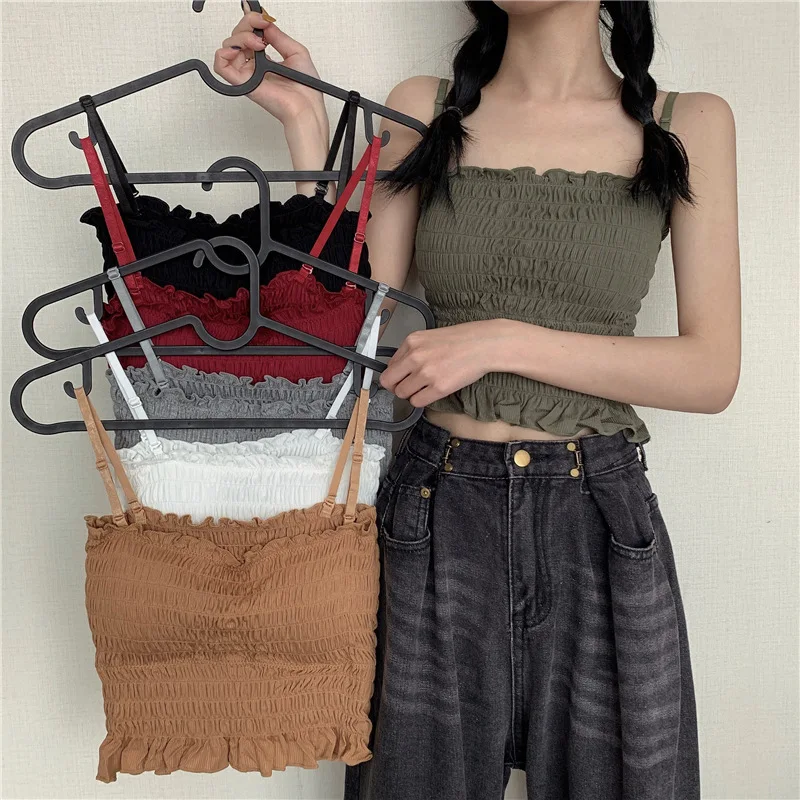 Pure Cotton Pleated Small Camisole with Chest Pad Short Beautiful Back Wrapped Chest Outer Wear Tube Top Underwear верхняя труба