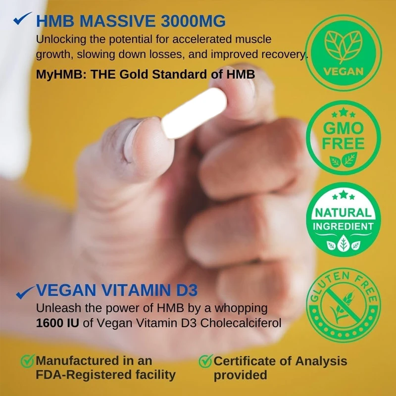 HMB 3000 mg en vitamine D3 (1600 IE) supplementen bevorderen spiergroei en herstel - 60 vegetarische capsules 30 porties