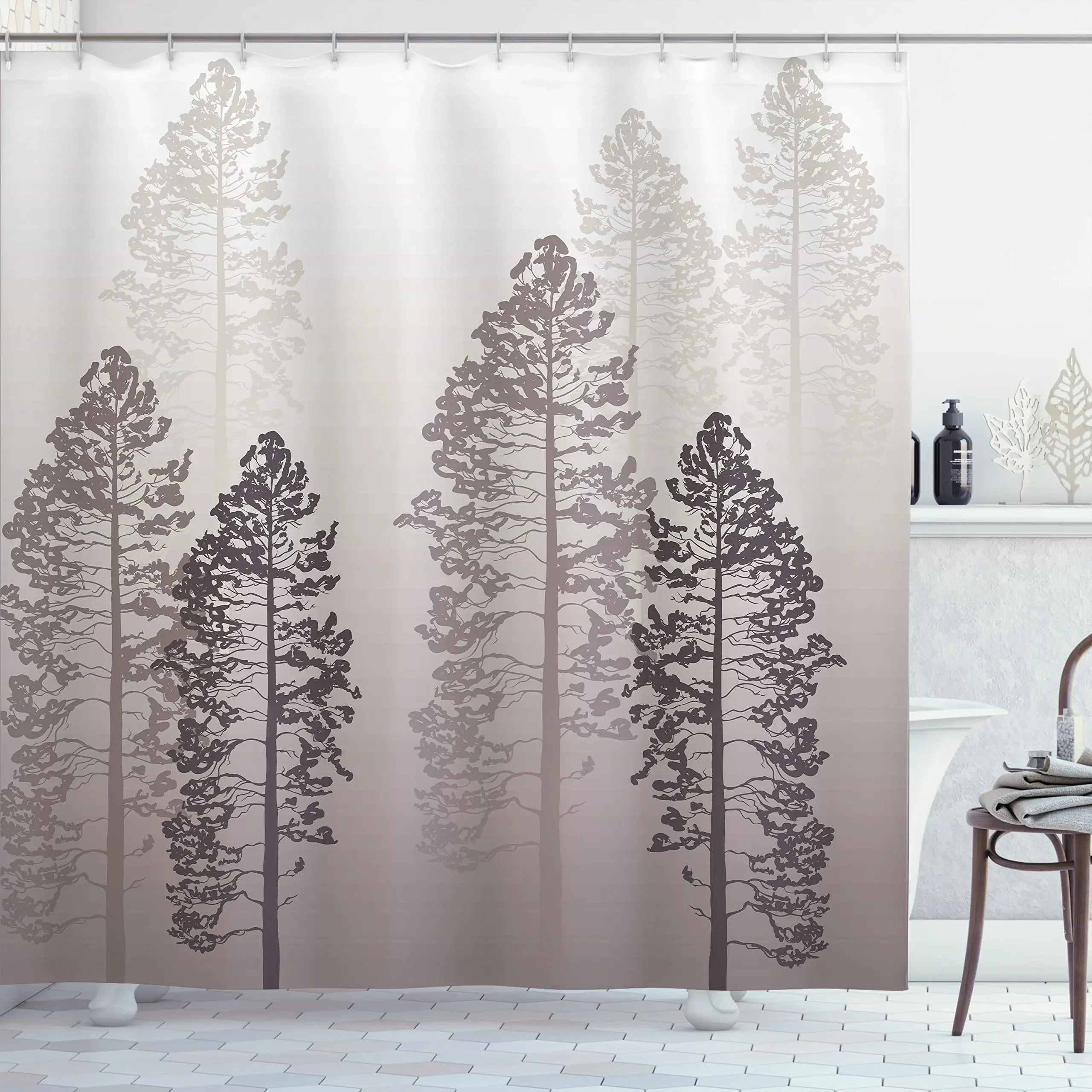 Country Shower Curtain,Pine Trees In The Forest on Foggy Wildlife Adventure Artwork,Cloth Fabric Bathroom Decor Set Bath Screens