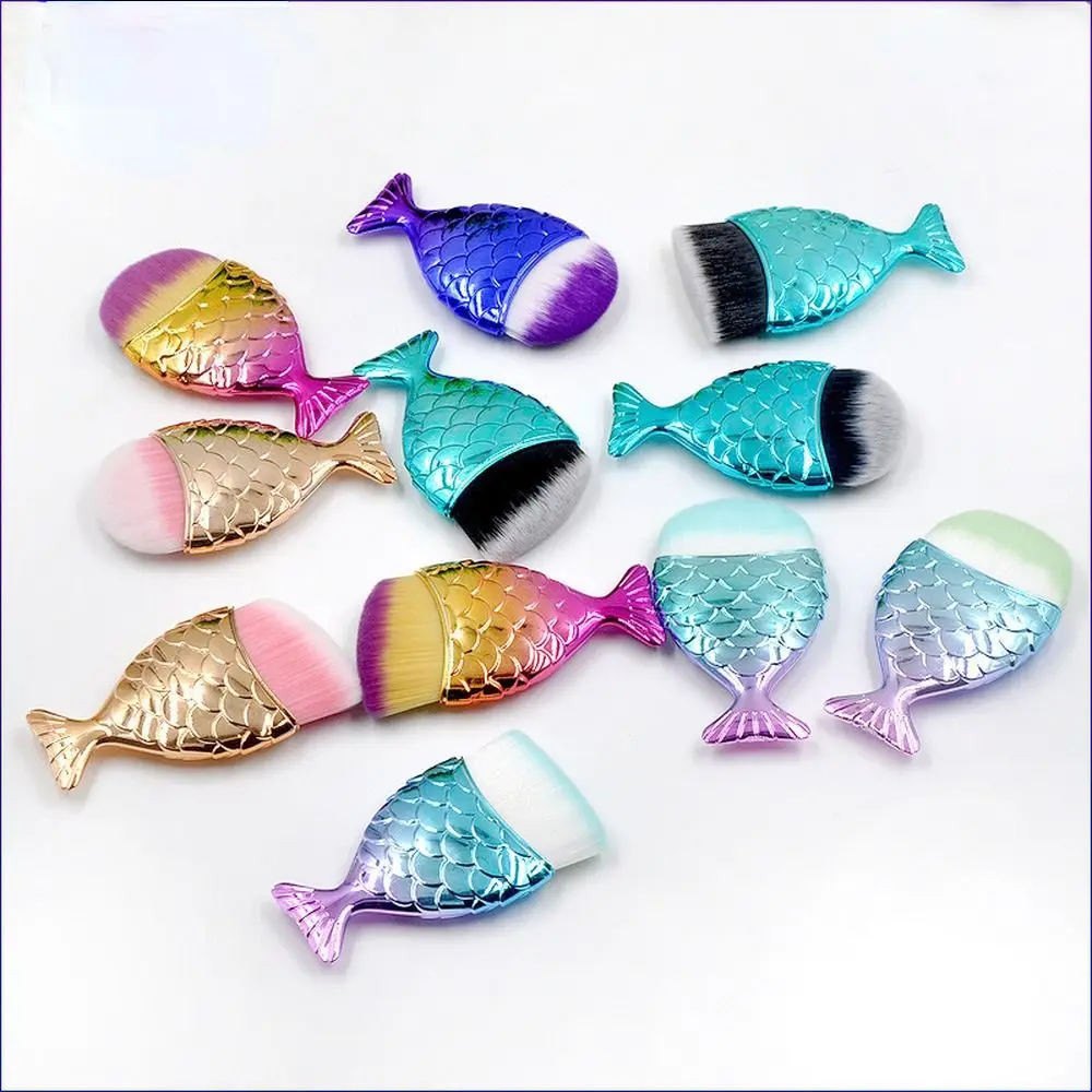 3 unids/set forma de sirena pincel de maquillaje en forma de sirena cola de pez colorido cara colorete polvo cepillo herramientas de maquillaje suave