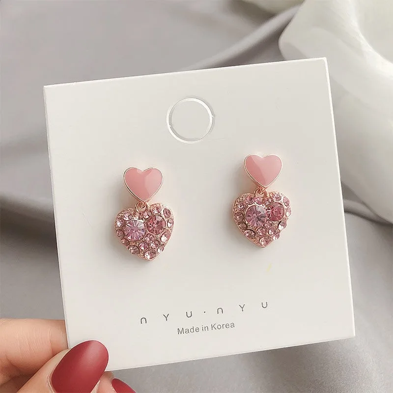 New Trend Zircon Crystal Double Pink Heart Pendant Earring for Women Geometry Brincos Wedding Jewelry Girl Gift