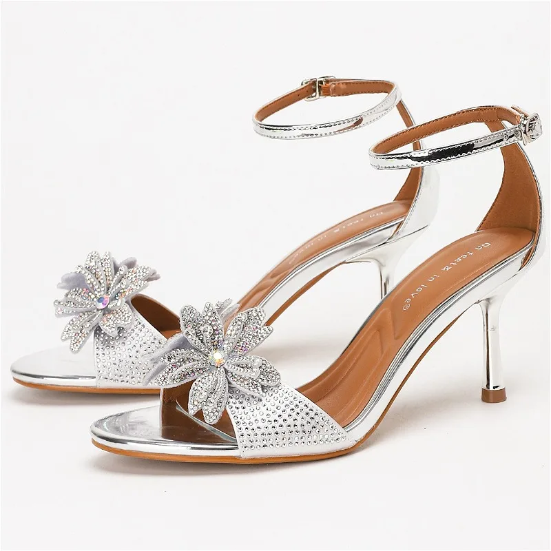 

Flower Rhinestone Heeled Sandals Women Pumps Ankle Strap Open Toe Sexy Banquet Party Shoes Elegant Luxury High Heels Women