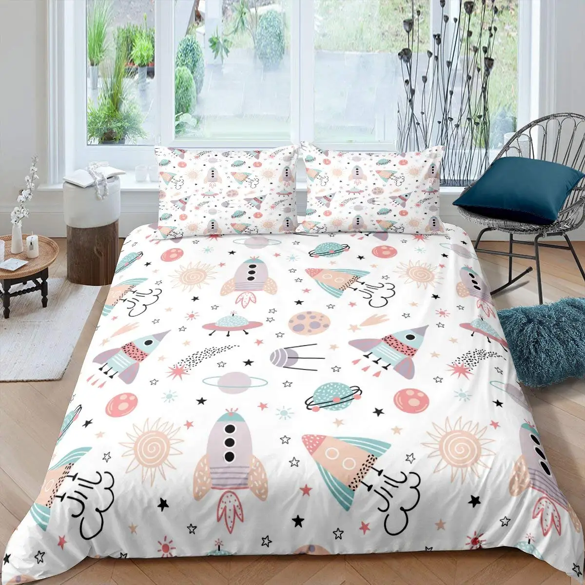 Imagem -05 - Rocket Duvet Cover Conjunto King Size Spaceship Bedding Conjunto Twin Microfiber Outer Space Galaxy Stars Planet Cartoon Estilo Quilt Cover