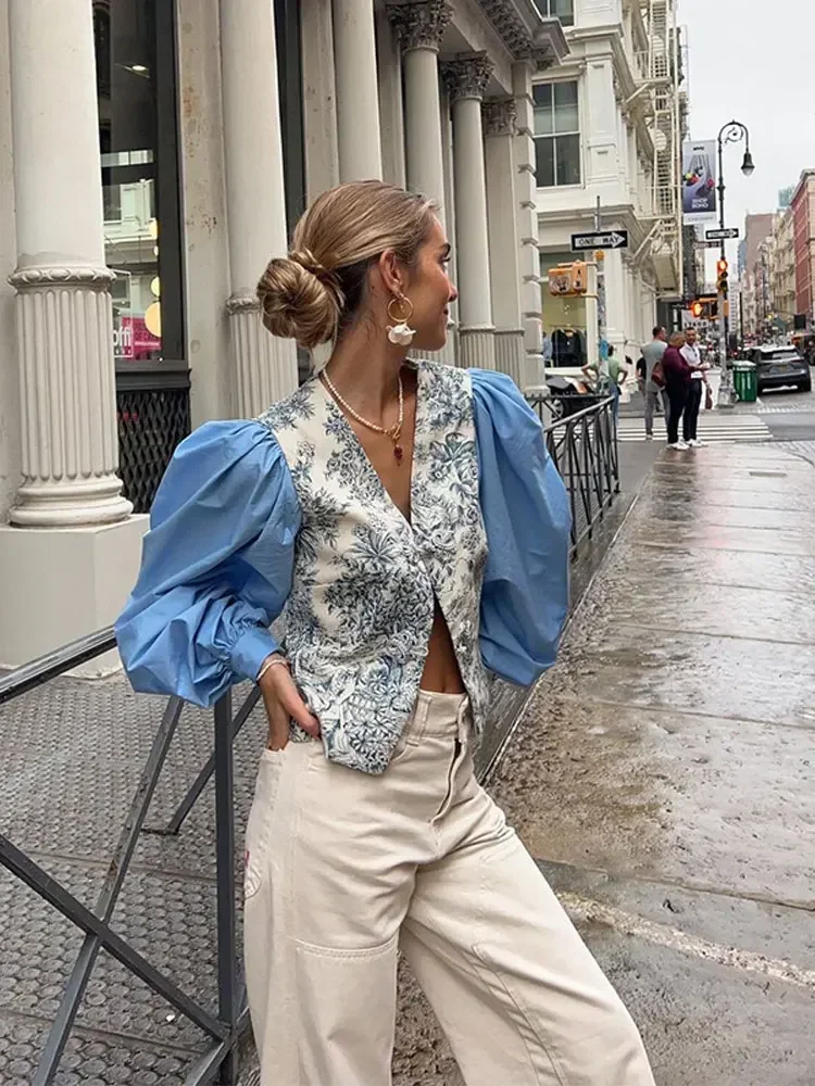 

Fashion Chic Patchwork Print Shirt For Women Vintage V Neck Lantern Sleeve Thin Blouse 2024 Spring New Female High Street Tops