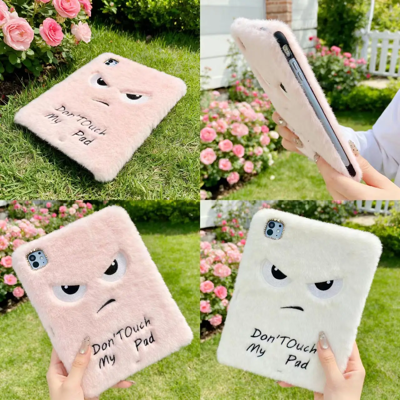 Emoticons with Pencil Holder Plush Fluffy Shockproof Tablet Case for iPad Mini 6/7 8.3in Air1/2 5/6 Pro 9.7in 2017/2018 Cover