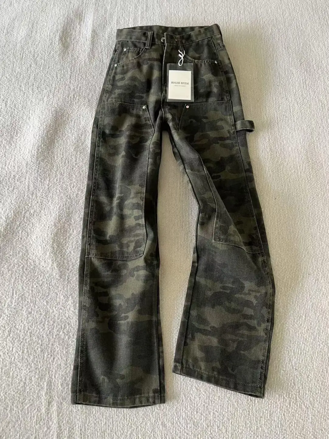 Amerikanische Retro-Camouflage-Arbeitsjeans mit hohem Bund und weitem Bein – Neues Damen-Design für Frühling 2025, gerader Schnitt