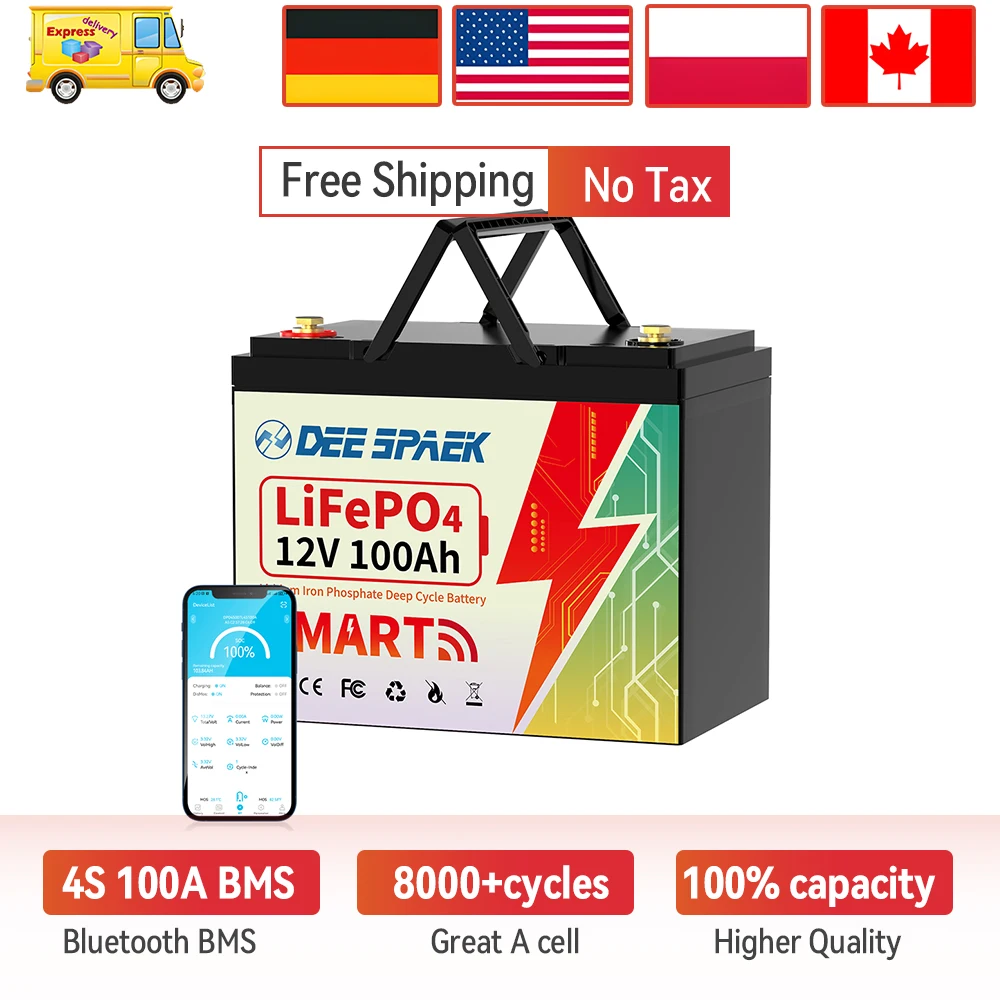 LiFePO4 Battery Pack 12V 100AH BMS 100A For Solar Boat RV Camping Solar Trolling Motor Bluetooth Lithium Iron Phosphate Batteria