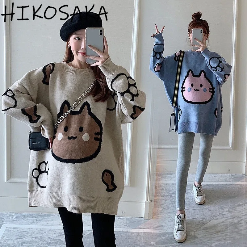 Japanese Kawaii Cartoon Sweaters Women O-neck Long Sleeve Thick Warm Pull Femme 2024 Fall Winter Casual Harajuku Y2k Jumpers