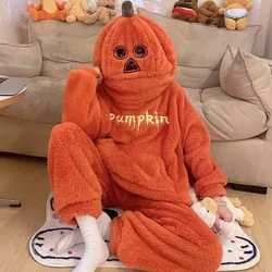 Coral Velvet Pumpkin Head Cute Pajamas Set Embroidered Letter Thick Warm Pajamas Fashion Women's Halloween Pajama Party Costume